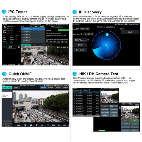 All In One Handheld OTDR Fiber Optic Tester displaying IPC tester, IP discovery, ONVIF quick setup, HIK/DH camera test interface