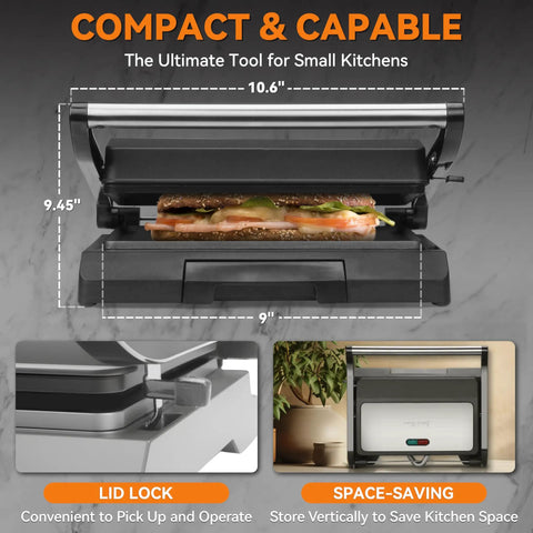 Bakers Friend Mini Panini Press Electric Griddle Non Stick Surface with lid lock and space-saving design for compact kitchens.