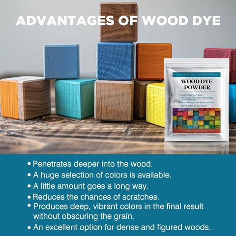 Colorful dyed wooden blocks with Premium Wood Stain Powder Kit For Indoor And Outdoor Furniture Deck Crafting Projects Fast Drying Wood Dye Mix.