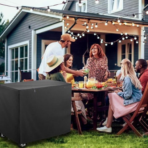 Outdoor Dining Cart Cover With Split Zipper, Waterproof 40 By 24 By 32 Inches, shown on a dining cart next to a group gathering in a garden