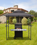8 Ft By 5 Ft Outdoor Grill Gazebo Canopy For Outdoor Cooking Waterproof 2 Tier BBQ Shelter in backyard with grill underneath.