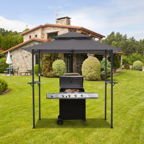 8 Ft By 5 Ft Outdoor Grill Gazebo Canopy For Outdoor Cooking Waterproof 2 Tier BBQ Shelter in backyard with grill underneath.