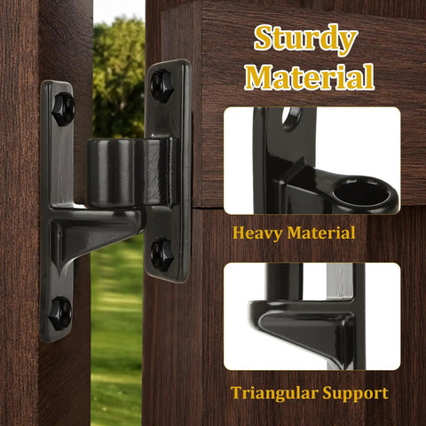 Rock Solid Four Pack Black Gate Hinges Made From Top Shelf 304 Stainless Steel For Outdoor Fences And Farms Rust Proof Heavy Duty Door Hardware Smooth Swing Action That Just Works Like A Charm on wooden gate showing sturdy hinge and triangular support.