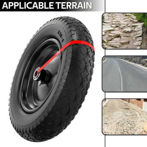 14.5 Inch Wheelbarrow Tire With 3.50-8 Flat Free Solid Wheel And Centered Hub, versatile on rocky and paved terrains