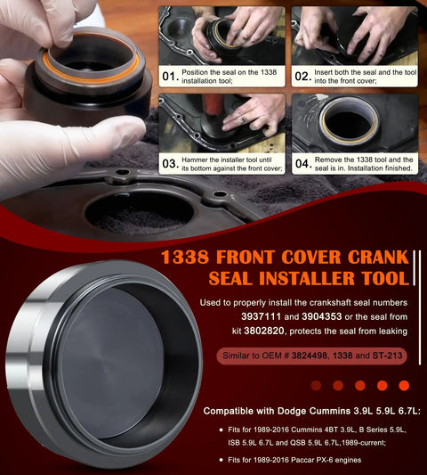 One Stop Front Crankshaft Seal And Wear Sleeve Install Tool Kit For Dodge Cummins 3.9L 5.9L 6.7L Diesel Engines with installation steps