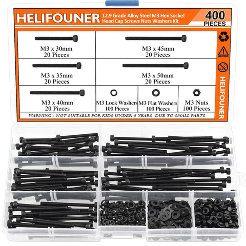 M3 Hex Socket Head Cap Screws Set With Nuts And Washers, 400 Piece Kit In 5 Lengths, visible with box label and contents