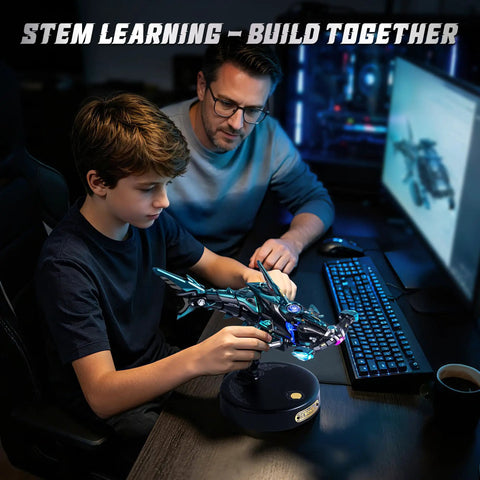 Father and son assembling Hammerhead Shark 3D Puzzle Kit For Adults And Teens, Sick Mechanical Model Building Kit on desk.