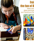 Person using stained glass grinder for arts and crafts alongside stained glass designs and DIY text.