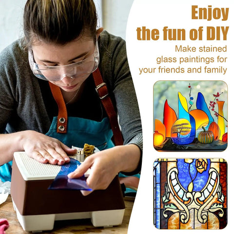 Person using stained glass grinder for arts and crafts alongside stained glass designs and DIY text.