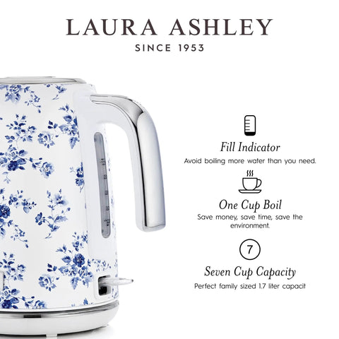 Floral-patterned kettle with side water window, 1.7L capacity, and easy manual switch. No Fuss 1.7 Liter Stainless Steel Electric Kettle With 1500W Fast Boil Auto Shut Off Boil Dry Protection Large 7 Cup Capacity Easy Manual Switch Water Window And Eco Cup Measurements For Quick Efficient Tea And Coffee.