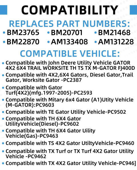 Compatibility list and part numbers for Upgraded 12V Electric Cargo Box Lift Kit Actuator For John Deere Gator 4X2 6X4.