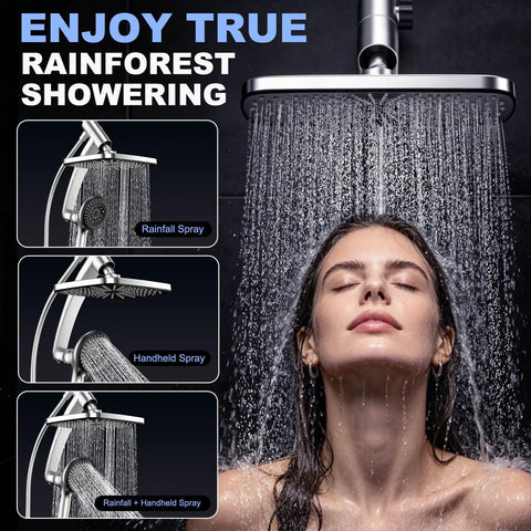 11.8 Inch High Pressure Rain Shower Head Combo With 9 Spray Handheld And Magnetic Dock Dual Showerheads in use