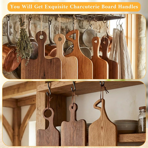 Slick Clear Acrylic Charcuterie Board Templates Kit With Three Woodworking Pens Dope Router Guides And Curved Handle Stencils For Custom Kitchen Crafting and DIY Maker Projects displayed with wooden charcuterie board handles.