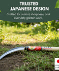 Weeding Sickle Kama with curved serrated edge, lightweight high carbon Japanese steel blade, natural wood handle in garden.