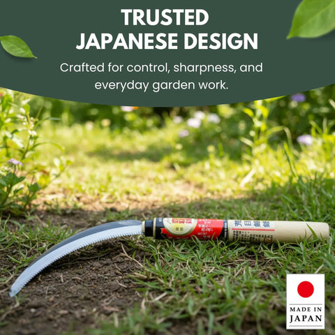 Weeding Sickle Kama with curved serrated edge, lightweight high carbon Japanese steel blade, natural wood handle in garden.