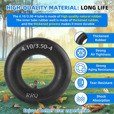 Two Pack 4.10/3.50-4 Inner Tubes With TR-87 Bent Valve Stem for outdoor equipment, shown with thickened rubber.