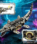 Myth Qholve Mechanical Mosasaurus Building Block Set With Precision Gear System And Hand Crank Motion Awesome Premium Display Model For STEM Learning Collectors And Interactive Display Stand Included, side view with light-up features