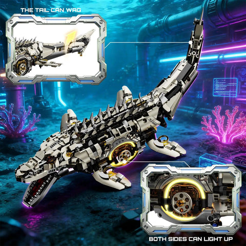 Myth Qholve Mechanical Mosasaurus Building Block Set With Precision Gear System And Hand Crank Motion Awesome Premium Display Model For STEM Learning Collectors And Interactive Display Stand Included, side view with light-up features