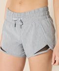 Women's Regular Fit Athletic Woven Running Shorts With Ruched Waistband, Zip Pocket, Breathable Lightweight Fabric, Gray Heather, Size Medium