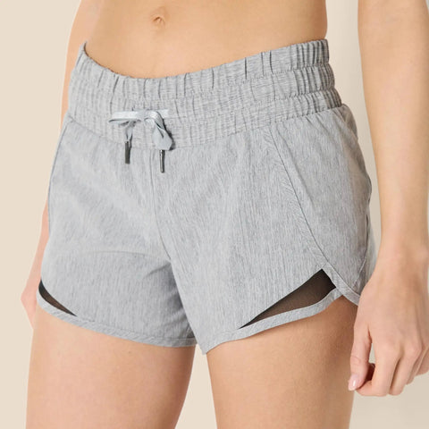 Women's Regular Fit Athletic Woven Running Shorts With Ruched Waistband, Zip Pocket, Breathable Lightweight Fabric, Gray Heather, Size Medium
