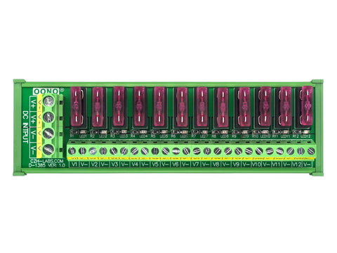 DC Power Fuse Distribution Strip Module 12 Channel DIN Rail Mount For 0 To 32V DC Systems, 30A Total Input, 3A Per Channel Factory Fuse 3A Replaceable Up To 10A Easy Wiring Industrial Grade Power Distribution Block, green PCB front view