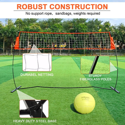 Portable 12ft Volleyball Training Net For Hitting And Serving Drills, freestanding with fiberglass poles and glow in the dark ball.