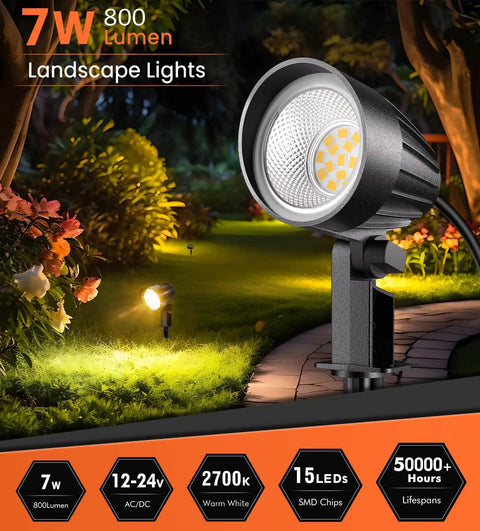 Low Voltage Landscape Lighting 12 To 24V 800 Lumens 7W Warm White 2700K IP66 Waterproof Outdoor LED Lights illuminating garden