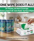 A hand holding XL All Purpose Cleaning Wipes 100 Count No Streak Natural Vinegar And Baking Soda Formula Jumbo 8x8 Inches Wet Wipes.
