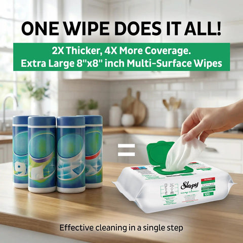 A hand holding XL All Purpose Cleaning Wipes 100 Count No Streak Natural Vinegar And Baking Soda Formula Jumbo 8x8 Inches Wet Wipes.