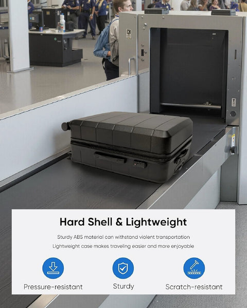 YOETEY 3-piece black hard-shell luggage set on airport conveyor belt near security scanner