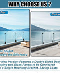 Before and after image showing Badass Black 304 Stainless Steel Glass To Glass Clamps For Pool Fences And Balconies. Fits 5/16 to 1/2 inch panels.