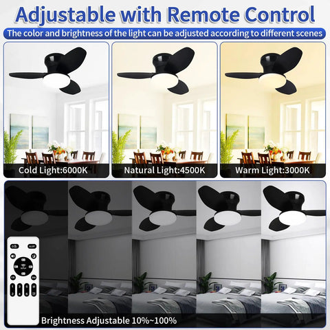 Compact Ceiling Fan With Light 25 Inch Flush Mount Remote Control Dimmable LED 6 Speeds Reversible Quiet DC Motor Black