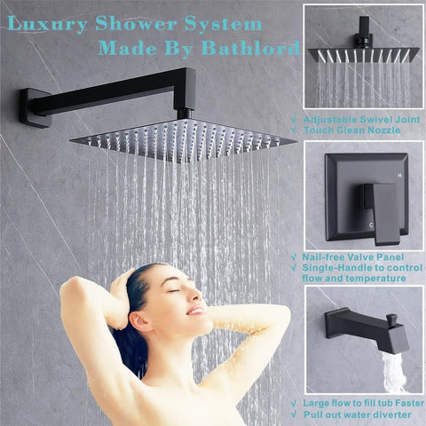 Dope Black Shower Faucet Set With Tub Spout And High Pressure Balance Valve Ultra Thin 10 Inch Stainless Steel 304 Shower Head in use