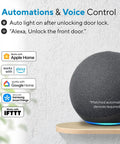 Heavy Duty Wireless Smart Deadbolt Featuring Slick Touch Interface And Hella Secure Biometric Scanning Plus No Sweat Wifi Pairing For Rock Solid Home Safety Upgrades automated voice control with smart speaker and connections logos