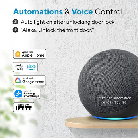 Heavy Duty Wireless Smart Deadbolt Featuring Slick Touch Interface And Hella Secure Biometric Scanning Plus No Sweat Wifi Pairing For Rock Solid Home Safety Upgrades automated voice control with smart speaker and connections logos