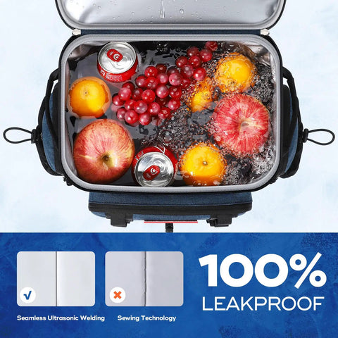 Top view of open Soft Lightweight Leakproof Backpack Cooler for 35 Cans, filled with fruits and drinks, showing leakproof interior.