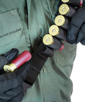 Man wearing Bandolier Ammo Sling For Shotgun Shells 12 16 20 Gauge Holds 45 Rounds Belt Black Durable Nonslip Elastic Loops