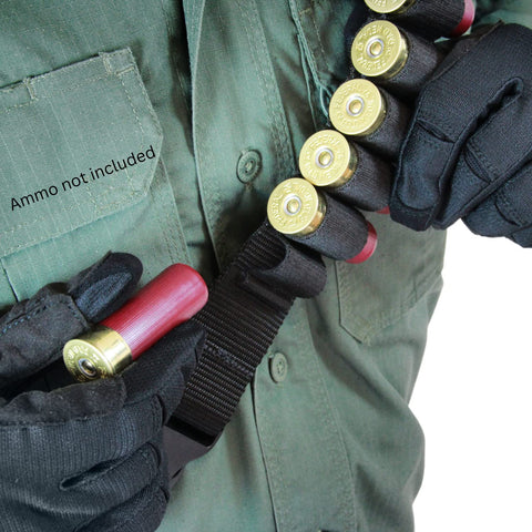 Man wearing Bandolier Ammo Sling For Shotgun Shells 12 16 20 Gauge Holds 45 Rounds Belt Black Durable Nonslip Elastic Loops