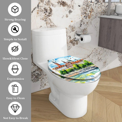 Elongated Resin Toilet Seat Quick Release for Bathroom with artistic design, fits standard toilets, easy to clean.