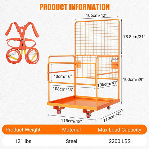 Heavy Hitter Forklift Safety Cage And Man Basket Tough Two Person Work Platform with integrated harness and wheel dimensions.