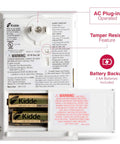 Back view of Plug In Carbon Monoxide Detector With Battery Backup, 85 DB Alarm, showing AC plug, tamper resist, and battery compartment.