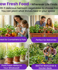 Families growing heirloom vegetables and herbs in containers, balconies, windowsills, and garden beds, focus on heirloom seeds pack.