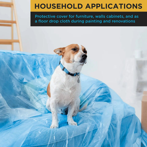 Dog sitting on furniture covered with Blue Protective Masking Film Cover For Painting Projects Overspray Shield Paintable Plastic Sheeting Roll 20 Feet By 250 Feet 10 Micron Thin Electrostatic Cling Auto And Home Painting Protection For DIYers.