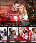 Smiling couple holding gift box in holiday setting, with gift ideas for Father's Day, Birthday, Christmas, and Anniversary.