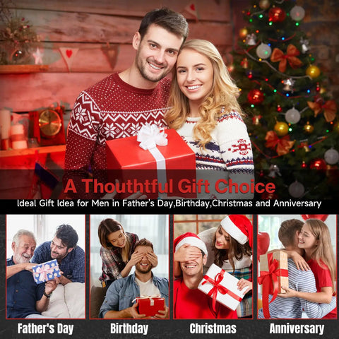 Smiling couple holding gift box in holiday setting, with gift ideas for Father's Day, Birthday, Christmas, and Anniversary.