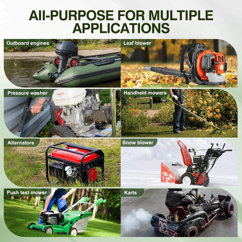 Multiple applications of 5.0 Mm Pull Start Cord Replacement for outdoor power equipment shown, including leaf blower, mower, and snow blower.