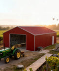 Heavy Duty Steel Garage 46 By 25 Feet With 15 Foot Walls And Reinforced Roof Tough As Nails Metal Outbuilding For Trucks Equipment Farm Storage 1150 Square Feet Reddish Brown with tractor in vineyard.