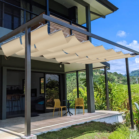 3 By 16 Foot Retractable Pergola Shade Cover With Wave Shade Sail UV Protective 220GSM Poly Fabric on modern patio