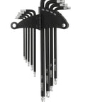13-Piece SAE Long Arm Ball End Hex Key Set With Chrome Finish, organized in black storage case, vertical view