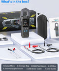 Beast Precision Digital Clamp Meter 600A TRMS with accessories including test leads, thermocouple, USB cable, and storage case.